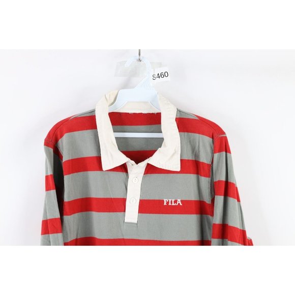 Vintage 90s FILA Mens Small Faded Spell Out Striped Long Sleeve Rugby Polo Shirt - Picture 2 of 7